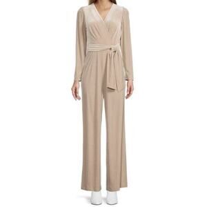 Antonio Melani Beige Cream Velvet Jumpsuit Long Sleeve V Neck Surplice Tie Waist
